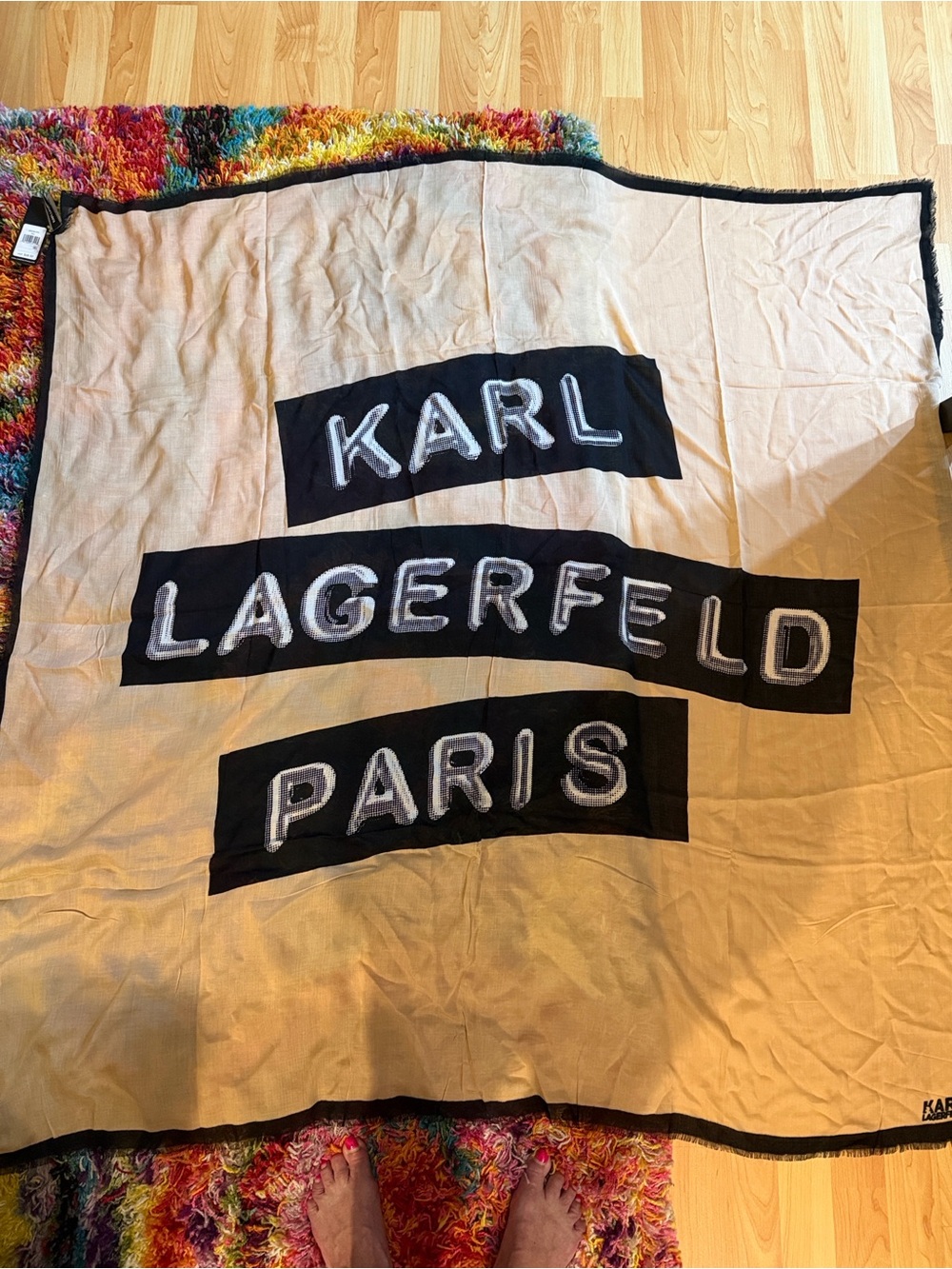 Karl Lagerfeld Paris Beige and Black Logo designer fashion scarf.